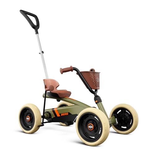 BERG Pedal-Gokart Buzzy 2-in-1 inkl. Schubstange | Gokart mit Freilauf | Tretfahrzeug für Kinder ab 2 Jahren | Kinderfahrzeug mit Handbremse und hohem Sicherheitsstandard | Retro Green
