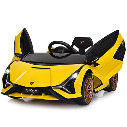 COSTWAY 12V Lamborghini Sian Kinderauto mit 2,4G-Fernbedienung, Elektroauto 3-5km/h mit MP3, Radio, Musik und LED-Scheinwerfer, Kinderfahrzeug für Kinder von 3-8 Jahren (Gelb)