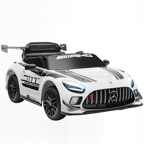 AIYAPLAY Kinder Elektroauto Mercedes-AMG, 12V Kinderauto mit 2,4GHz Fernbedienung, 2 Motor, kabelloser Musik Kinderfahrzeug mit LED-Leuchte Hupe Sanftstart Stützrädern Zugstange für 3-8 Jahre Weiß