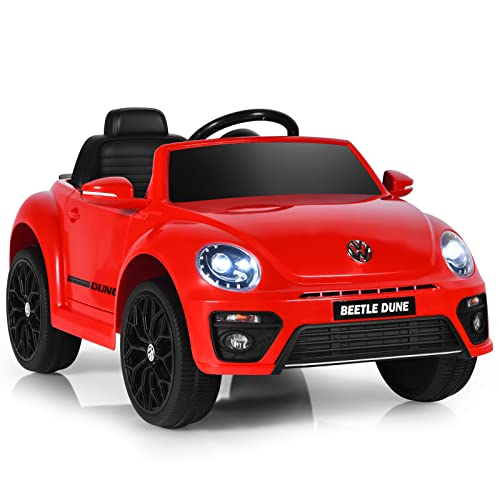 COSTWAY 12V Kinder Elektroauto, VW Beetle Kinderauto mit Musik und 2 Beleuchtungsmodi, inkl. 2,4G Fernbedienung, für Kinder ab 3 Jahre (Rot)