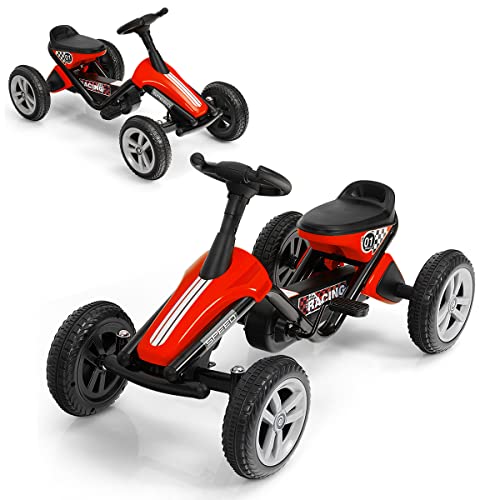 DREAMADE Gokart mit Pedal, Tretauto Tretfahrzeug mit geschlossenem Kettenkasten, Pedal Go Cart für Kinder 3-8 Jahren (Rot)